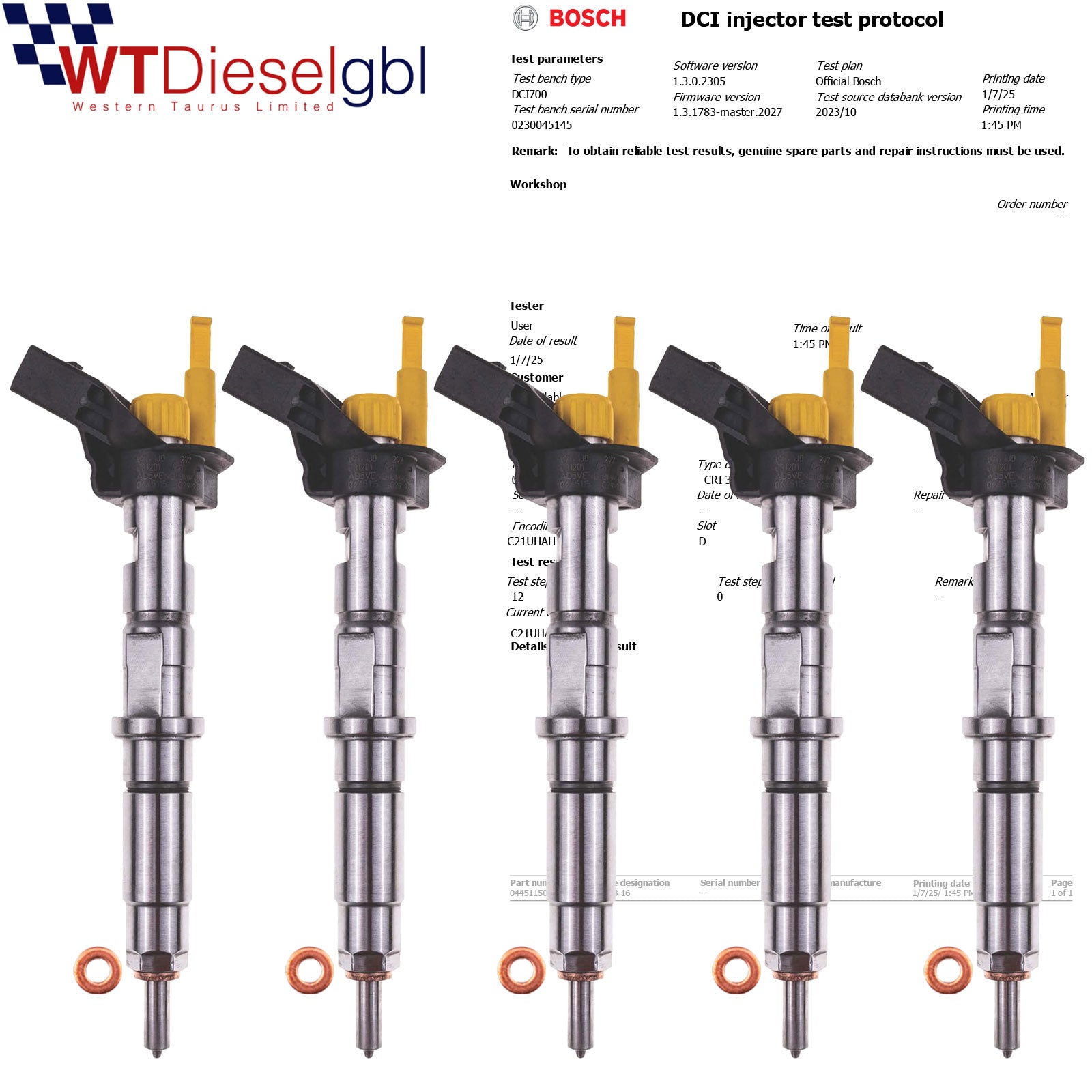 X5 Bosch 0445115029 Diesel Fuel Injector VW Crafter  | 2.5 TDI | 0445115028
