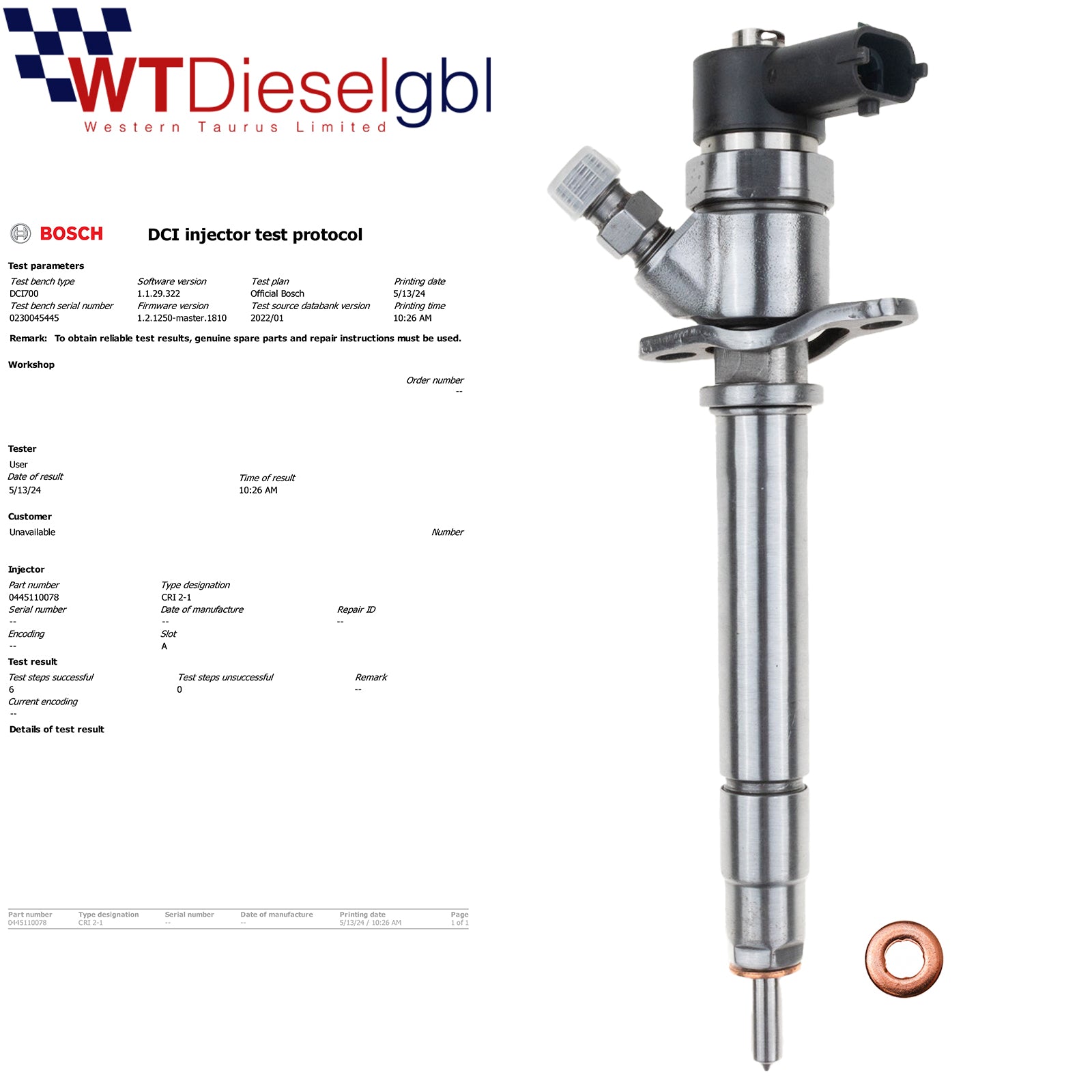 Bosch 0445110078 30756063 |2.4 CDI| Inyector Volvo S60 S80 V70 XC70