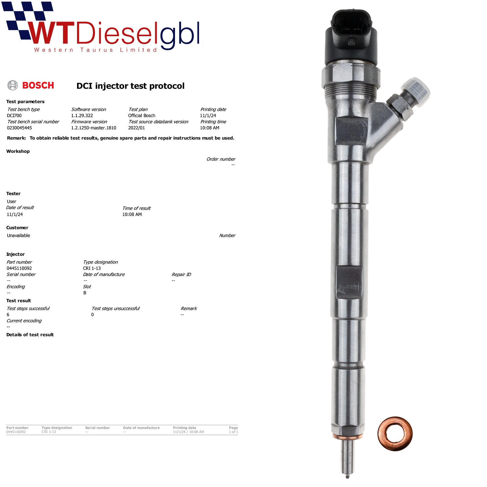 Bosch 0445110092 33800 4A000 | 2,5 CRDi | Inyector Kia Hyundai