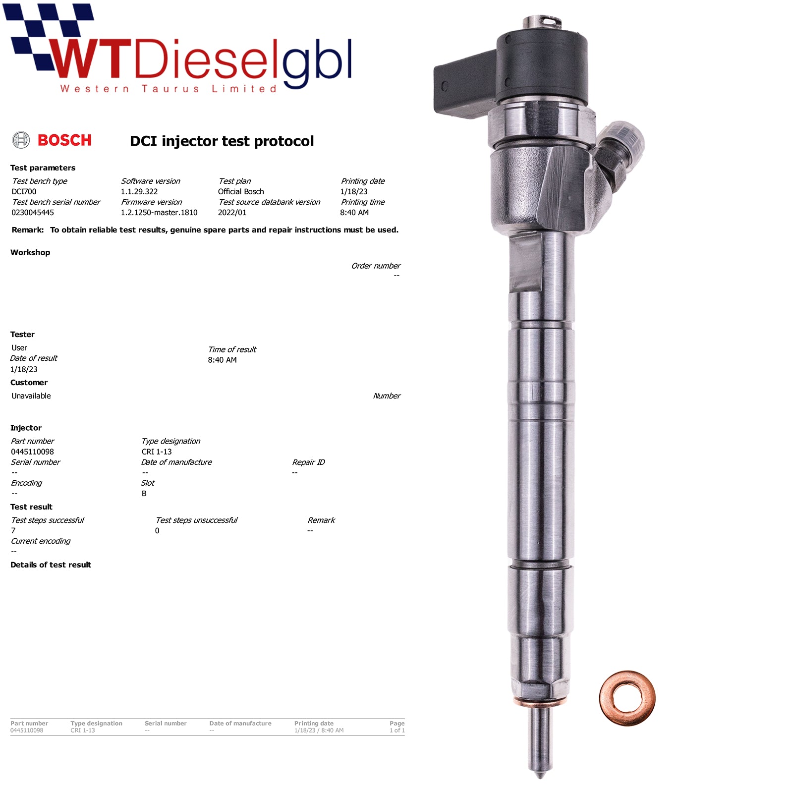 Bosch 0445110098 A6110701687 |2.7 CRD| Inyector Jeep Mercedes Sprinter