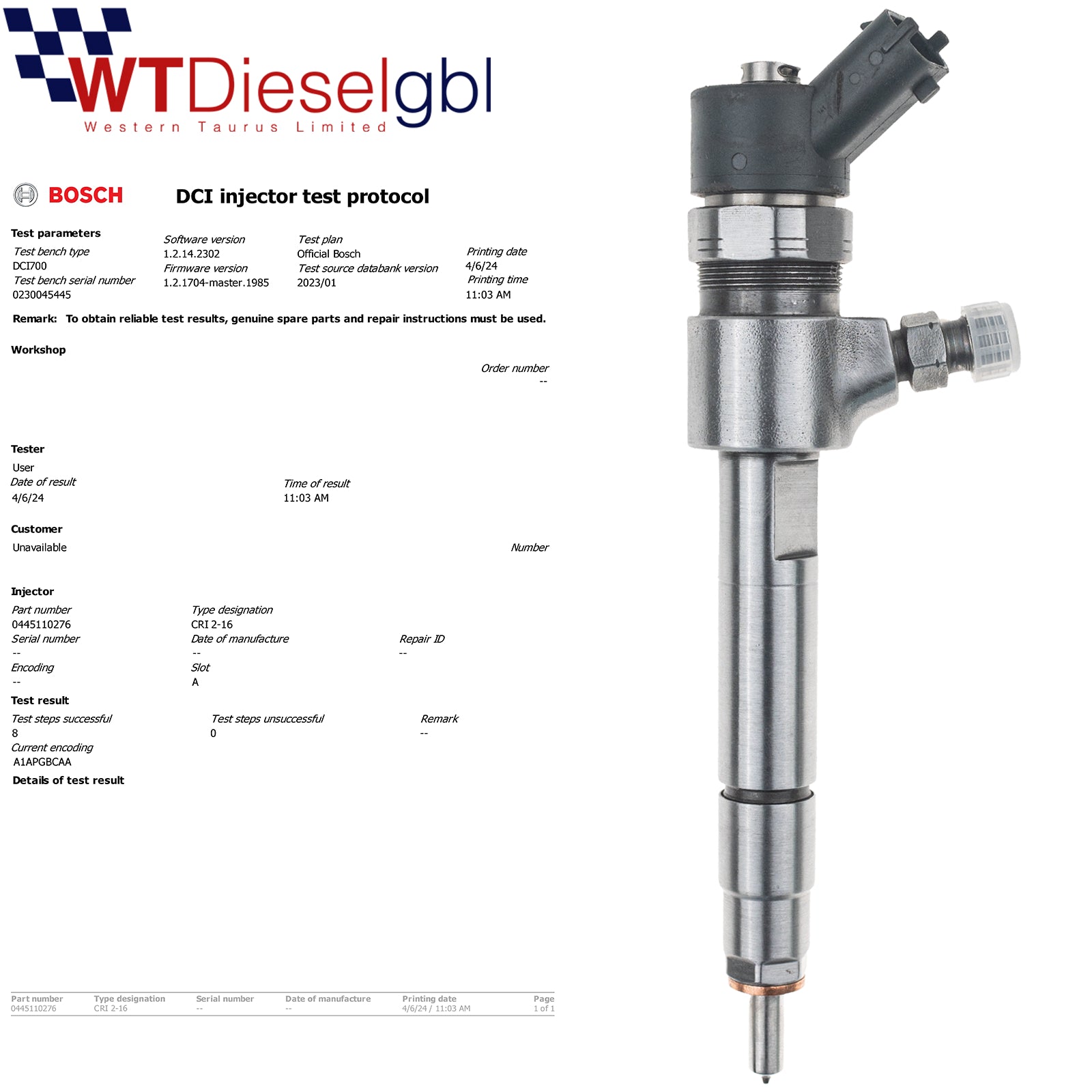Bosch 0445110276 55200259 |1.9 D| Fiat Opel Saab Suzuki Fuel Injector