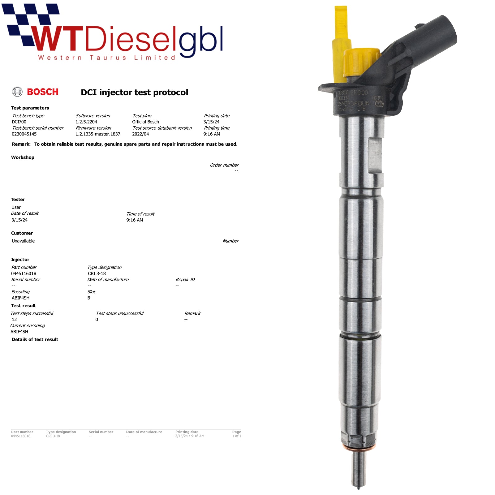 Bosch 0445116018 |2.0 CRDi| Hyundai Kia Sportage Santa Fe Injector 33800 2F000