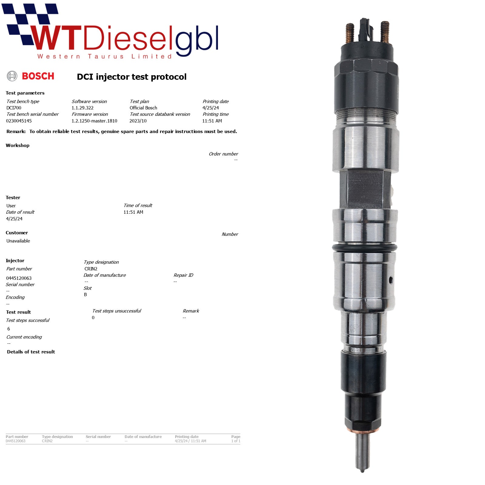 X4 Bosch 0445120063 2R0198133 | Iveco DAF Diesel Injector